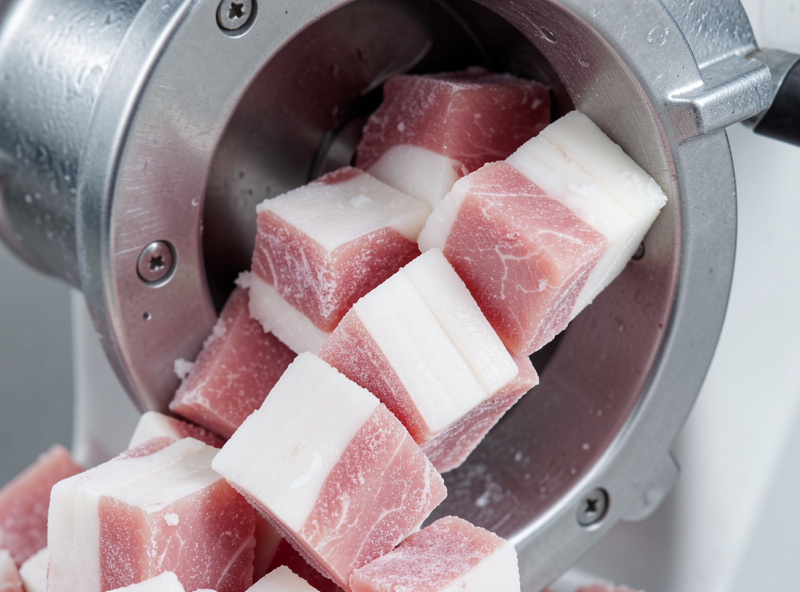 Partially frozen pork and fat going through a chilled grinder showing clean cut texture not smeared