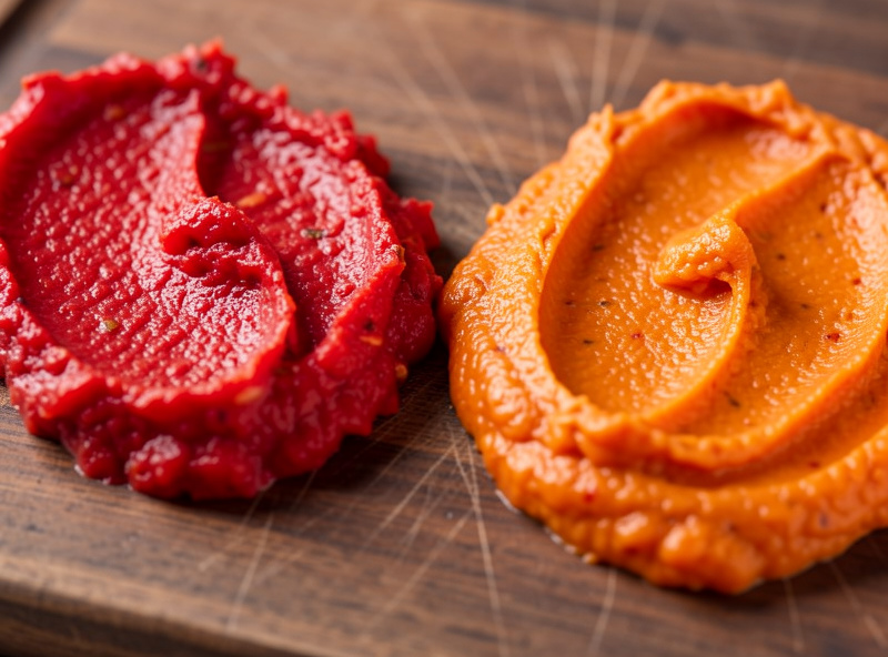 Bright red nduja and orange-red sobrasada side by side on a wooden board, both spreadable