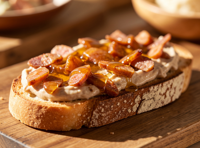 Sobrasada spread on rustic bread drizzled with honey, Mallorcan style serving