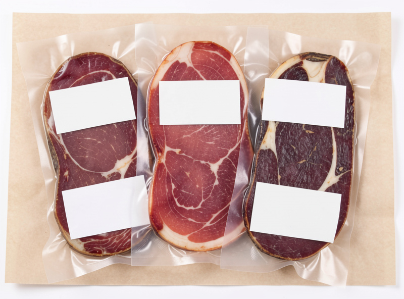 Vacuum-sealed whole dry-cured coppa and lonzino in clear pouches with blank label areas
