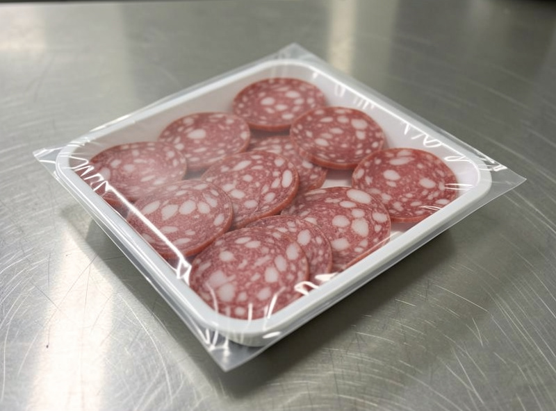 Sliced cured salami in a modified-atmosphere style tray with clear film top