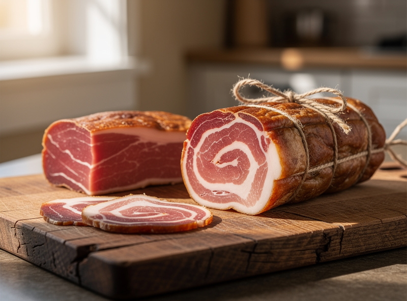 A flat slab of dry-cured pancetta tesa beside a rolled and tied pancetta arrotolata cylinder on a wooden board, showing the spiral cross-section