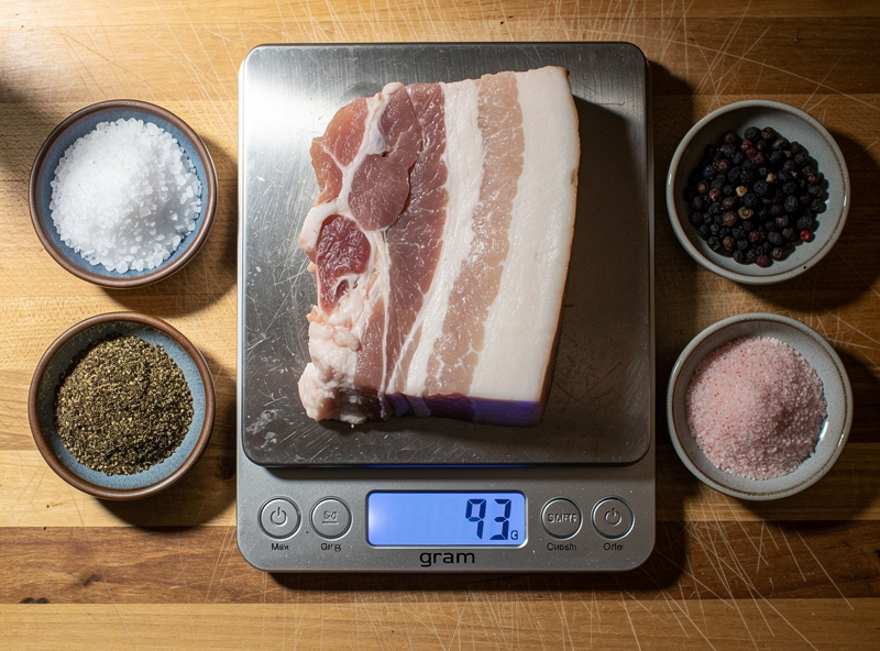 Pork belly being weighed on a digital gram scale next to small bowls of salt, cracked black pepper and curing salt for an equilibrium pancetta cure