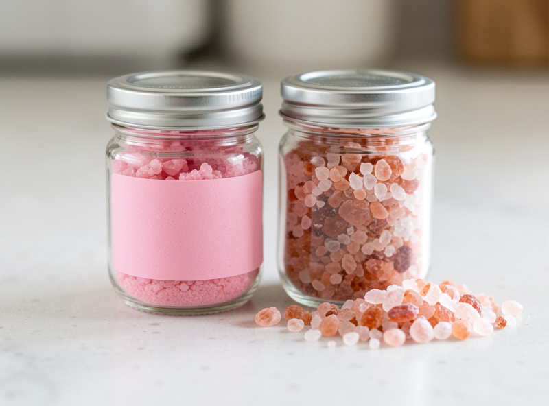 Two small jars of pink curing salt labeled cure number 1 and cure number 2 beside coarse Himalayan pink finishing salt