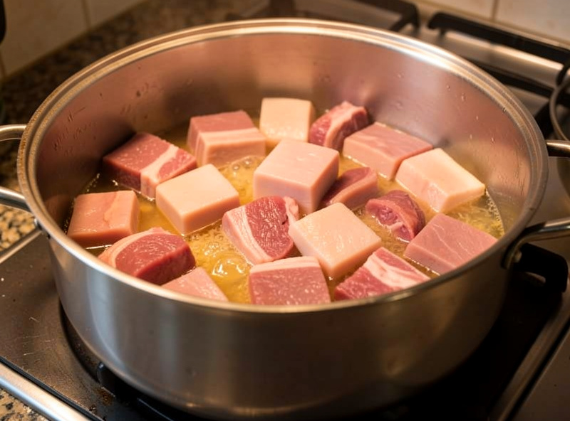Cubes of pork shoulder and belly cooking slowly in a pot of fat for rillettes