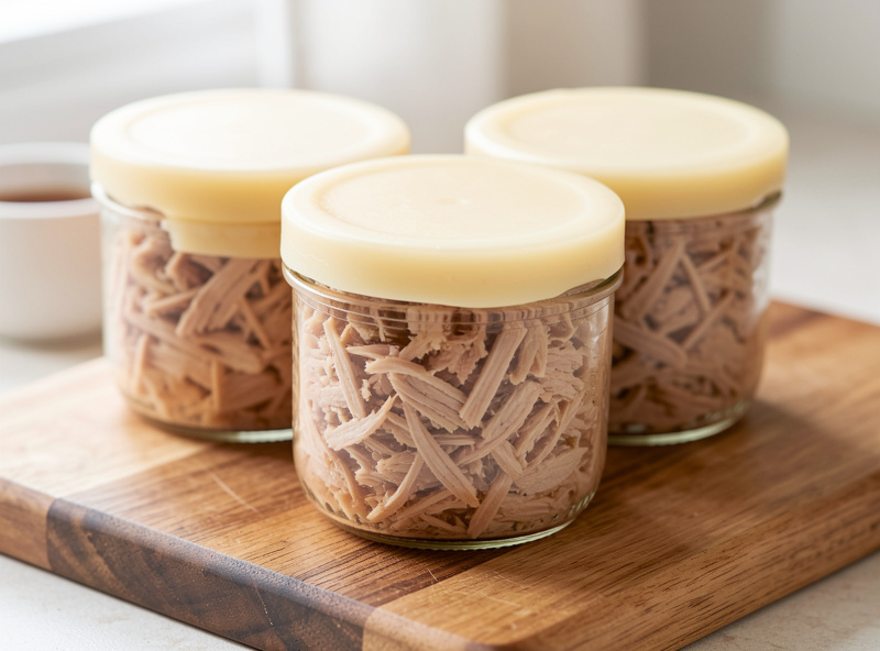 Shredded pork rillettes packed into glass jars and sealed with a layer of fat