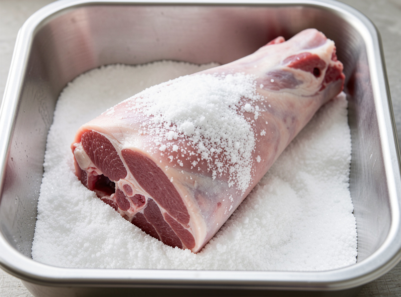 A pork leg packed in coarse curing salt during the cold salting phase
