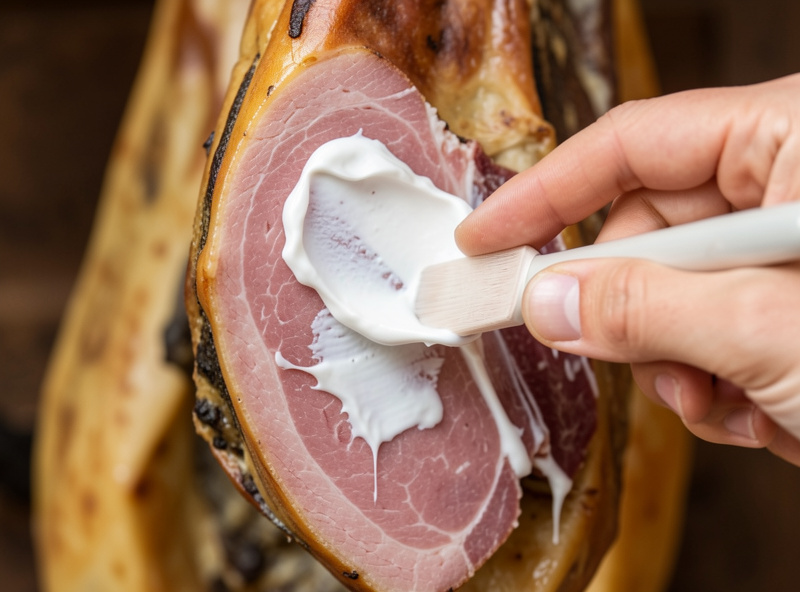 Hand applying sugna fat paste to the exposed face of a hanging cured leg