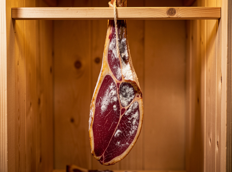 Whole prosciutto legs hanging on dowels in a converted-fridge curing chamber