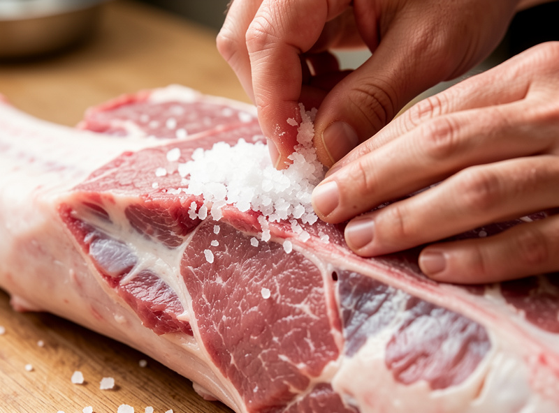 Hands packing curing salt firmly into the bone seam of a pork leg