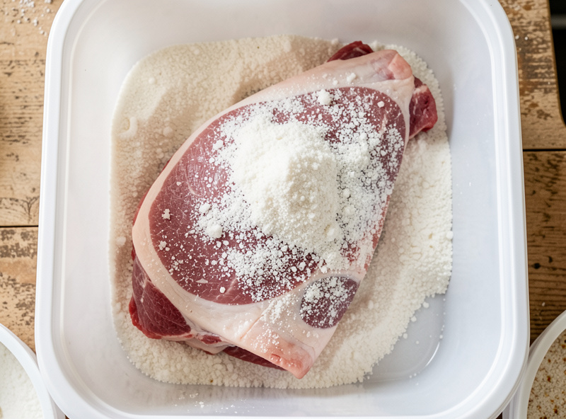 A pork leg fully buried in coarse curing salt in a non-reactive container