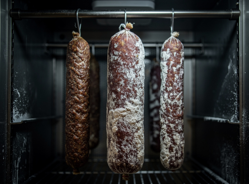 A wide salami in a beef middle casing hanging beside slim salami sticks in hog casing inside a curing chamber, all showing white mold bloom
