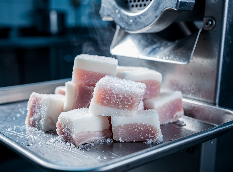 Cold cubes of lean pork and firm white back fat, partially frozen with frost on the surface, on a stainless tray beside the open hopper of a meat grinder