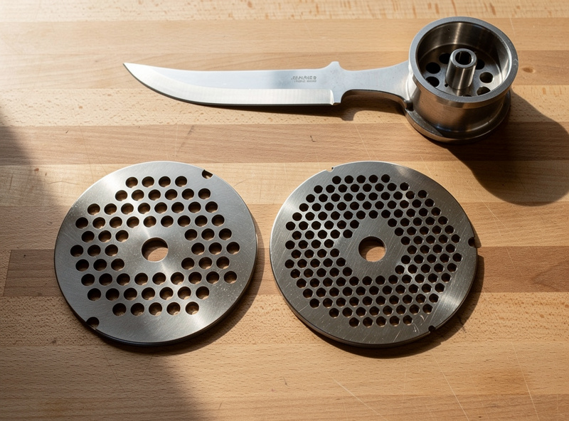 Two stainless steel meat grinder plates of different hole sizes, a coarse plate and a fine plate, beside a grinder cutting knife on a workbench