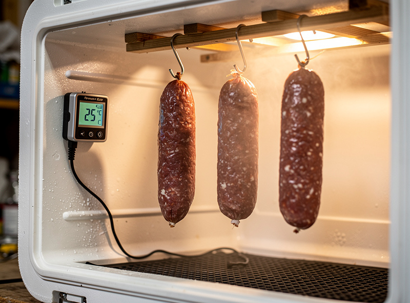A digital thermometer reading 25 degrees Celsius clipped beside fresh salami hanging inside an insulated cooler-box fermentation chamber with a small heat mat