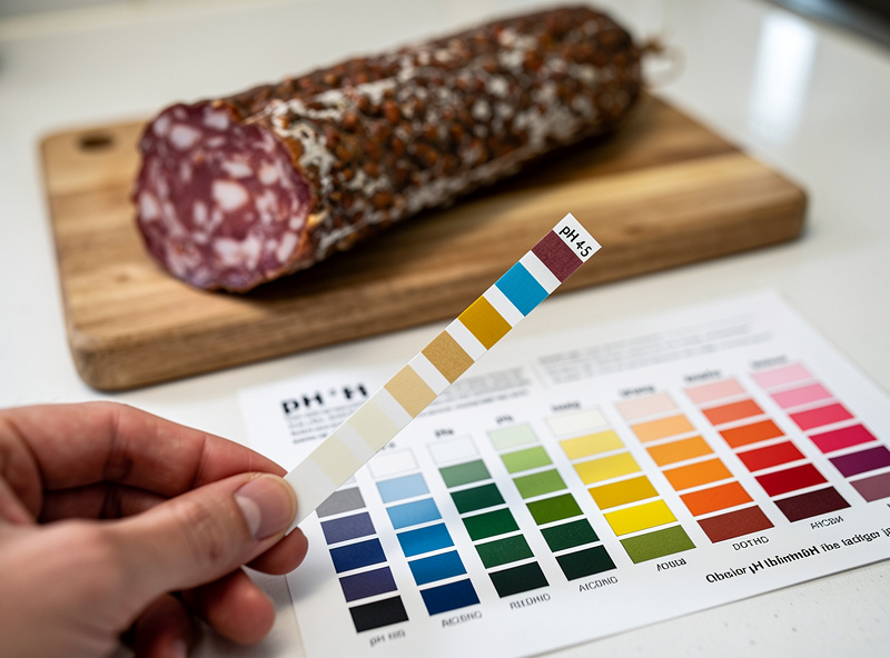 A pH test strip held against a printed color comparison chart showing an acidic reading, beside a freshly fermented salami on a cutting board