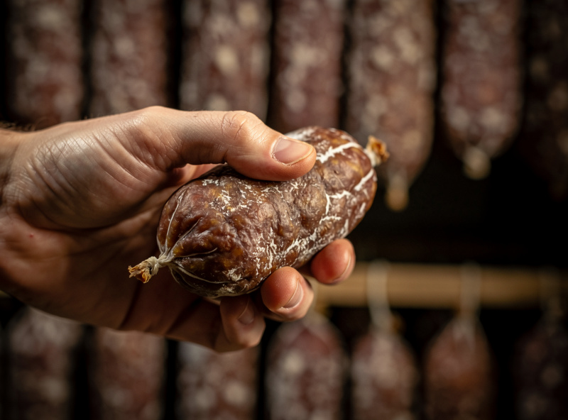 A hand gently squeezing a fermented salami to check its firmness, the surface slightly tacky and set, in a dim curing chamber