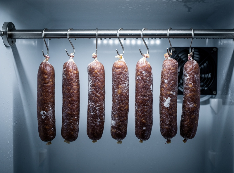 Interior of a converted-fridge curing chamber with a stainless steel rod across the top and several salami hanging from S-hooks with even gaps between them