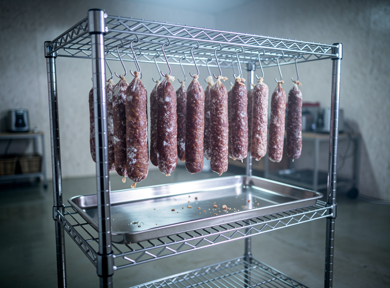 A DIY salami drying rack made from a chrome wire shelving unit, salami hanging from the top wire shelf with a stainless drip tray beneath in a cool curing room