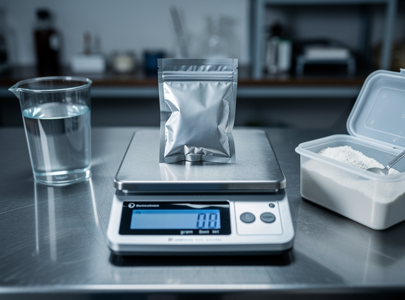 A small foil sachet of freeze-dried sausage starter culture being weighed on a digital gram scale beside a glass of water and a container of dextrose