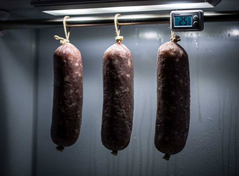Three freshly stuffed salami chubs hanging on a stainless rod inside a converted-fridge curing chamber during warm fermentation, a thermometer reading 25 Celsius nearby