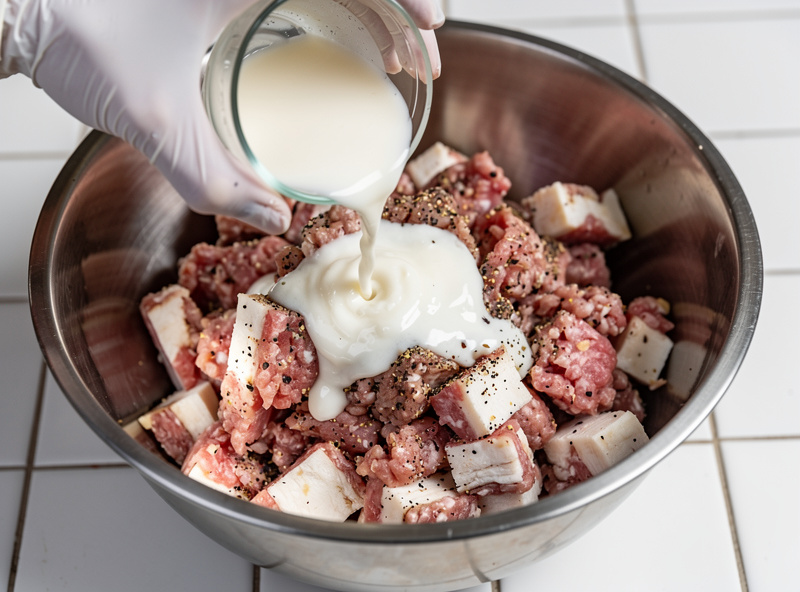 A rehydrated white culture suspension being poured into a stainless bowl of seasoned coarse-ground pork and back fat ready for stuffing salami, gloved hands, cracked pepper visible