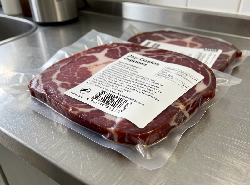 Vacuum-sealed dry-cured pancetta and coppa with a printed ingredient label on a stainless counter