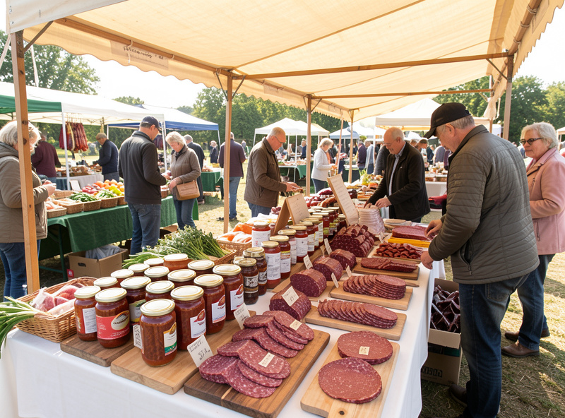 Farmers market stall displaying dry-cured salami and coppa under a canvas canopy
