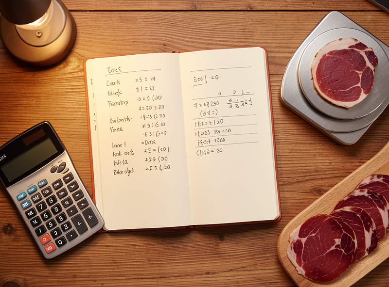 Notebook with handwritten charcuterie cost calculations, a calculator and a digital scale
