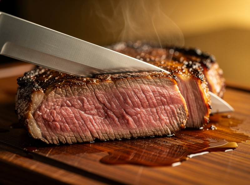 A rested dry-aged ribeye being sliced thick against the grain on a wooden carving board showing a rosy interior
