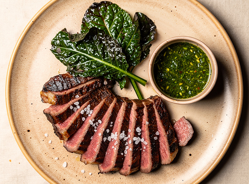 A plated dry-aged steak sliced and fanned with flaky salt, charred greens, and a small dish of chimichurri