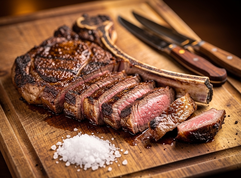 A bone-in dry-aged tomahawk steak carved and presented on a wooden board with steak knives and flaky salt