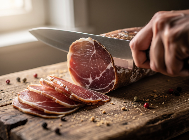 A chilled cured coppa being sliced thin by hand with a long knife on a wooden board, translucent slices fanning away
