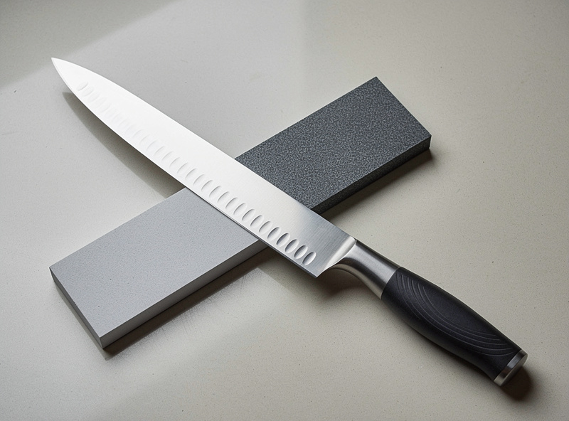 A long thin slicing knife with a scalloped Granton edge laid beside a whetstone, ready for sharpening