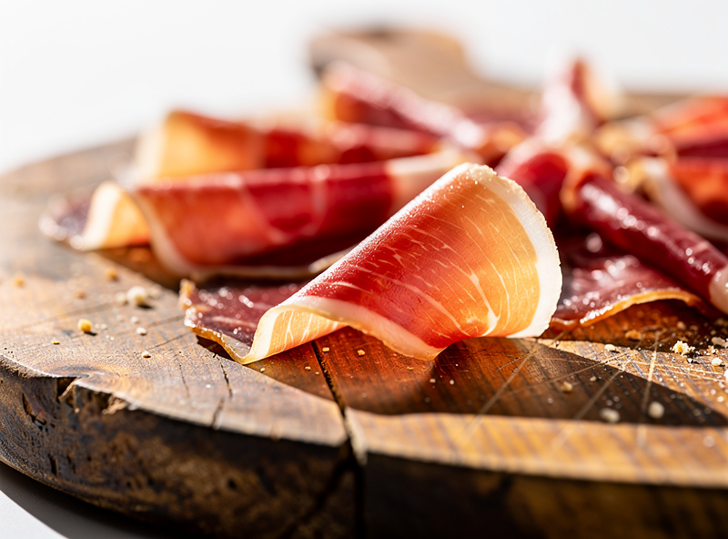 Translucent paper-thin slices of cured meat fanned across a board, held up so light passes through one slice
