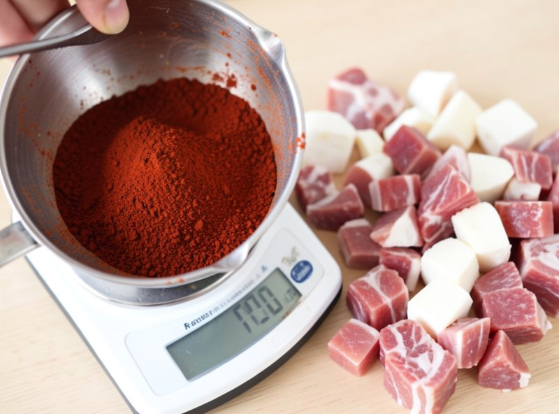Deep red sweet pimentón paprika being weighed beside diced pork and fat for sobrasada