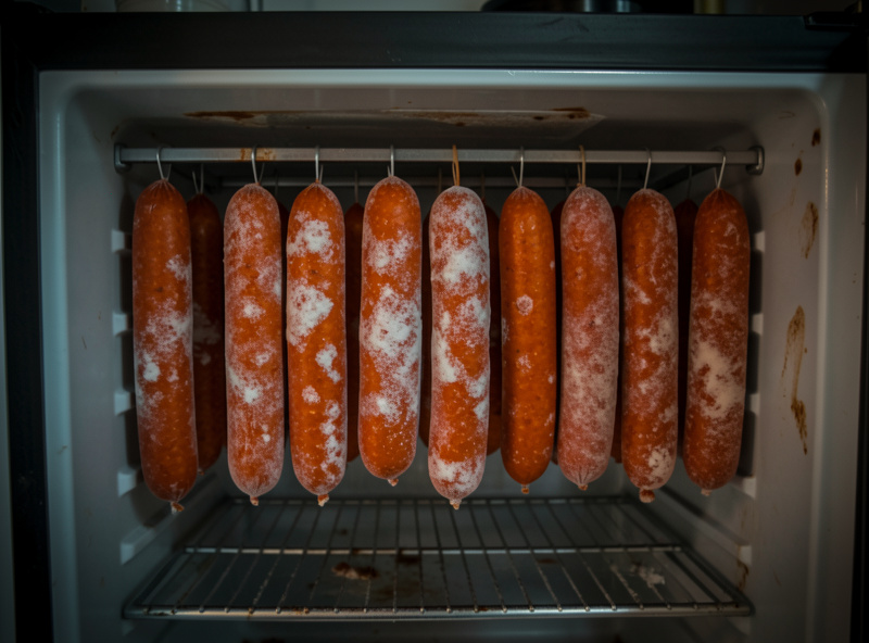 Orange-red sobrasada sausages hanging in a curing chamber developing white mould