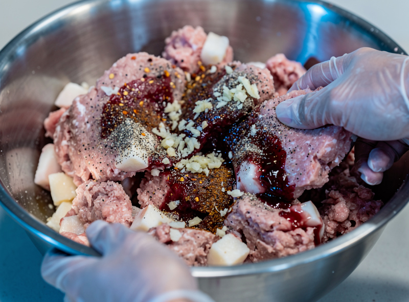 A stainless bowl of coarse-ground pork and white back fat being seasoned with cracked black pepper, red pepper flakes, minced garlic and a splash of red wine