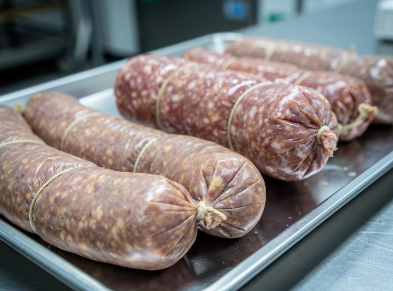 Freshly stuffed soppressata sausages in wide beef middle casings, some gently flattened, tied with butcher twine, on a stainless tray ready for fermentation