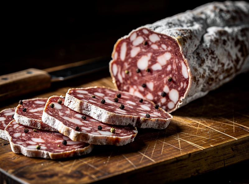 Finished dry-cured soppressata sliced on a wooden board showing a coarse marbled cross-section of red lean and white fat studded with peppercorns, exterior dusted with white mold