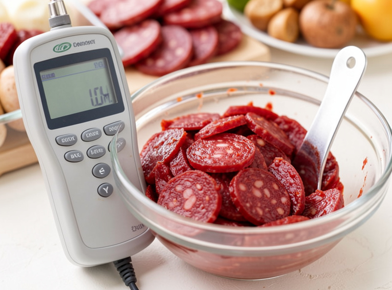 A pH meter reading below 5.3 inserted into fermented spreadable salami paste, food safety testing