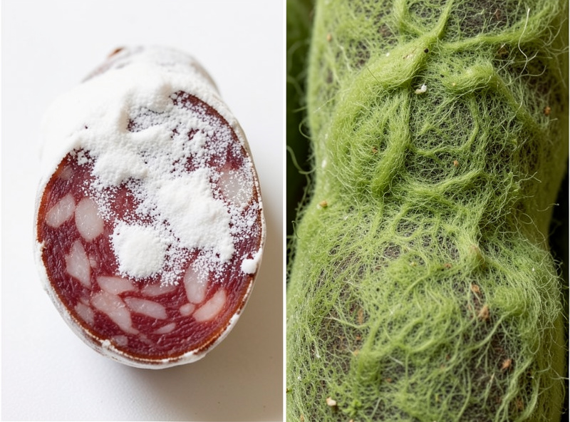 Good powdery white mould on a salami casing next to an example of bad fuzzy green mould