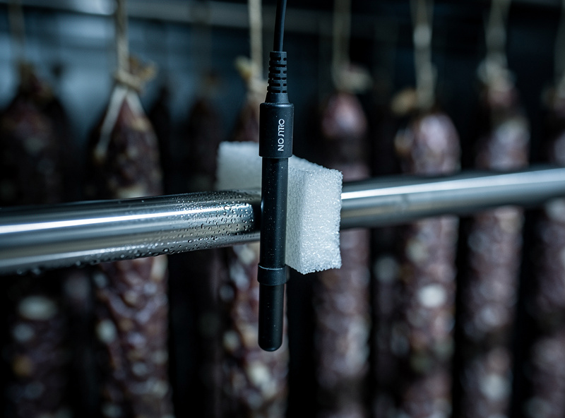 NTC temperature probe taped to a hanging rod in the middle of a curing chamber with a scrap of foam insulating it from the metal