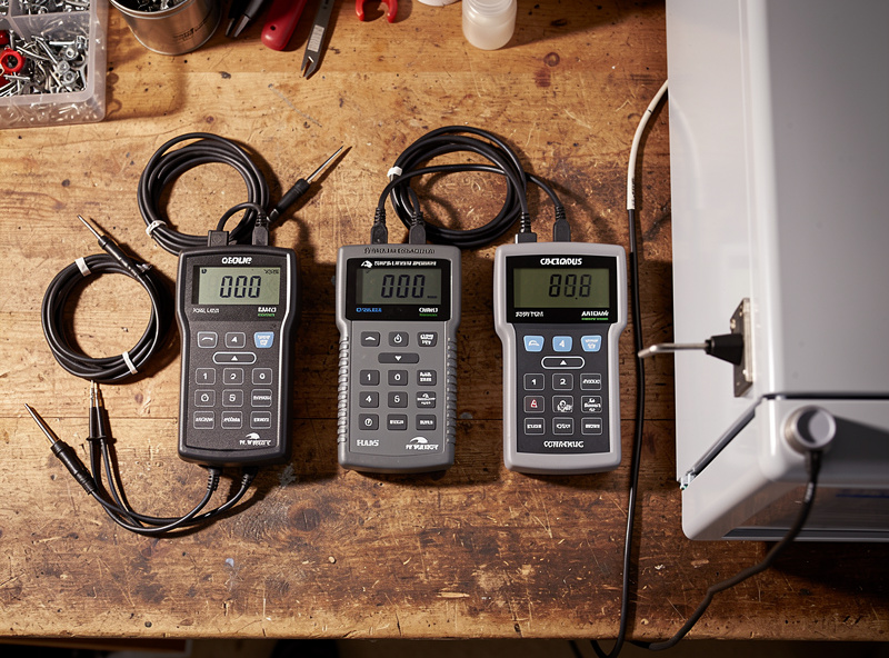 Three temperature controllers Inkbird Auber and Willhi lined up on a workbench next to a converted curing fridge for comparison