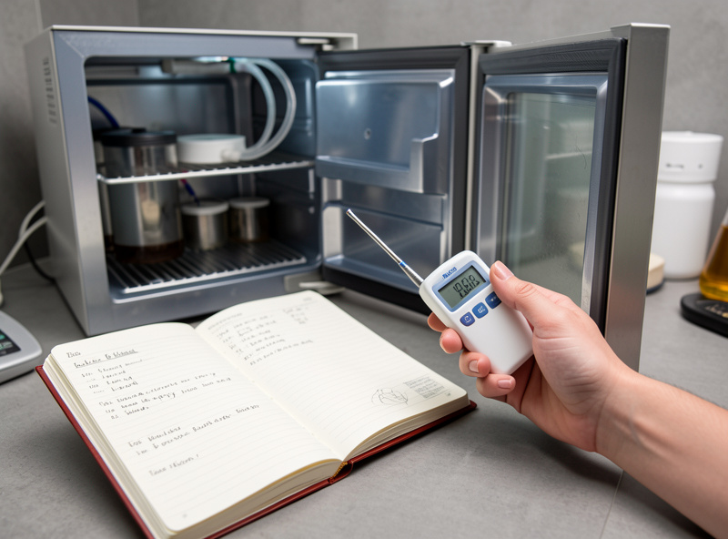 Hand holding a digital hygrometer next to a notebook weight log beside a converted fridge curing chamber