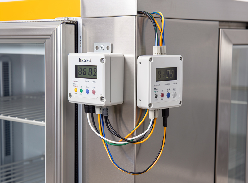 Inkbird temperature and humidity controllers mounted on the side of a converted fridge curing chamber with wiring