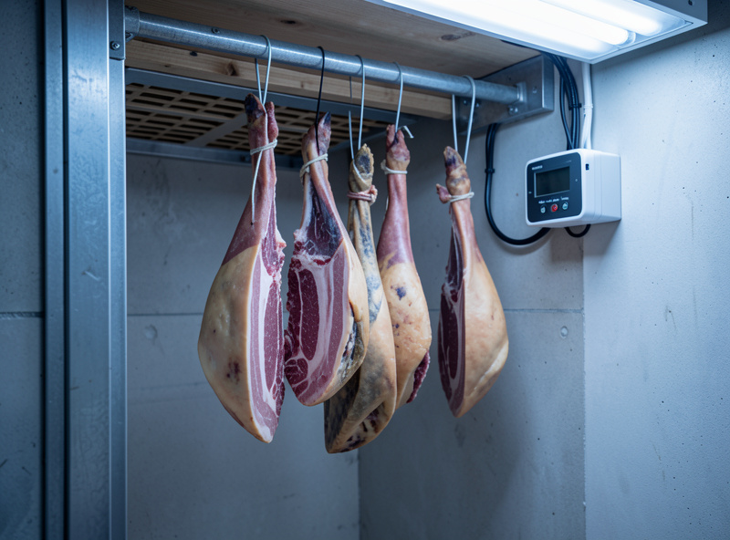 Coppa and pancetta hanging in a freshly upgraded curing chamber with a new humidity controller visible