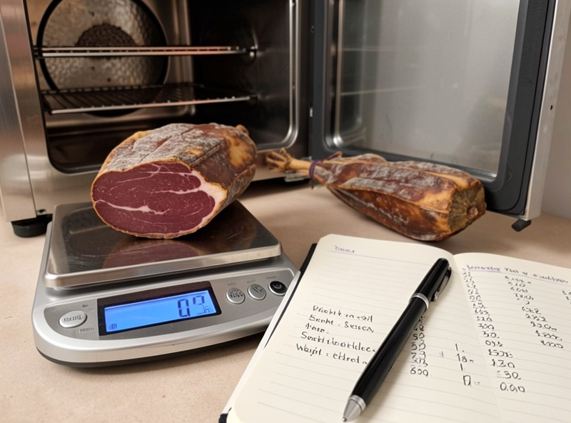 A dry-cured coppa on a scale beside a notebook of weight-loss readings in a home curing chamber