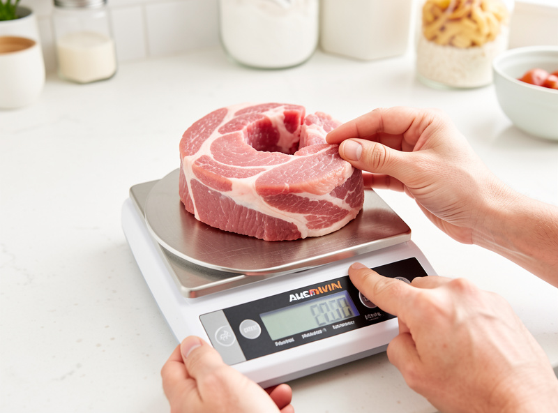 Digital kitchen scale showing the green weight of a fresh pork collar being logged before curing