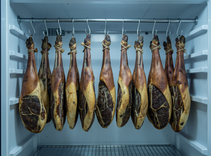 A line of dry-cured whole muscle pieces at different drying stages hanging in a home curing chamber